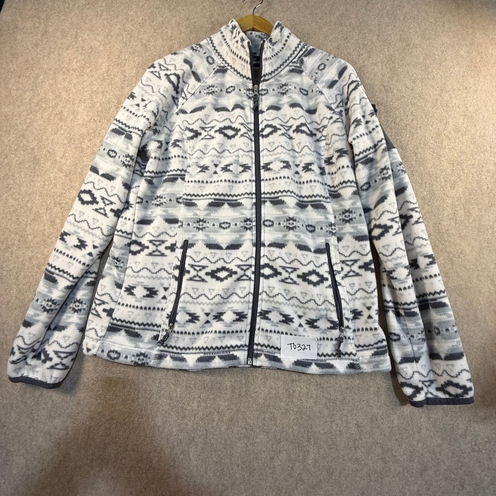 Free Country Womens Fleece Jacket Large Grey White Southwestern Full Zip Mock